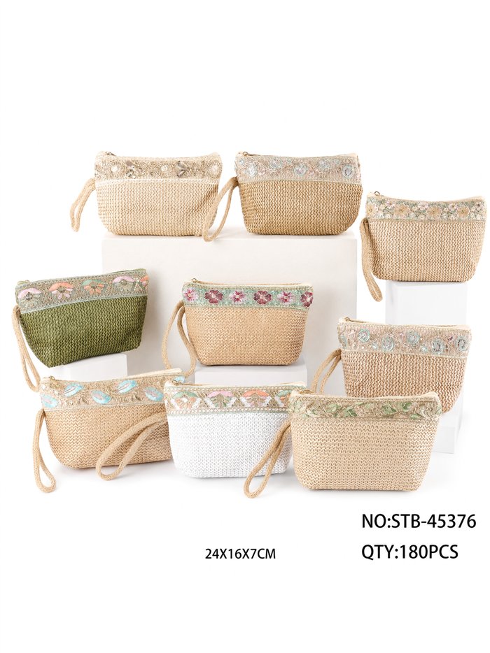 Raffia pouch with embroidered trim