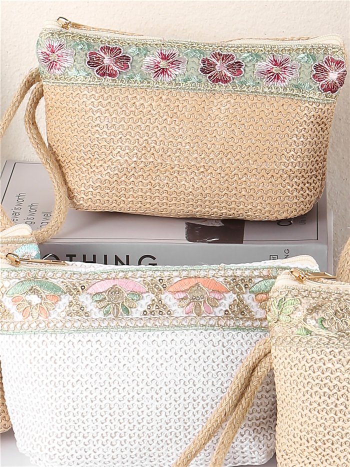 Raffia pouch with embroidered trim