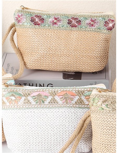 Raffia pouch with embroidered trim