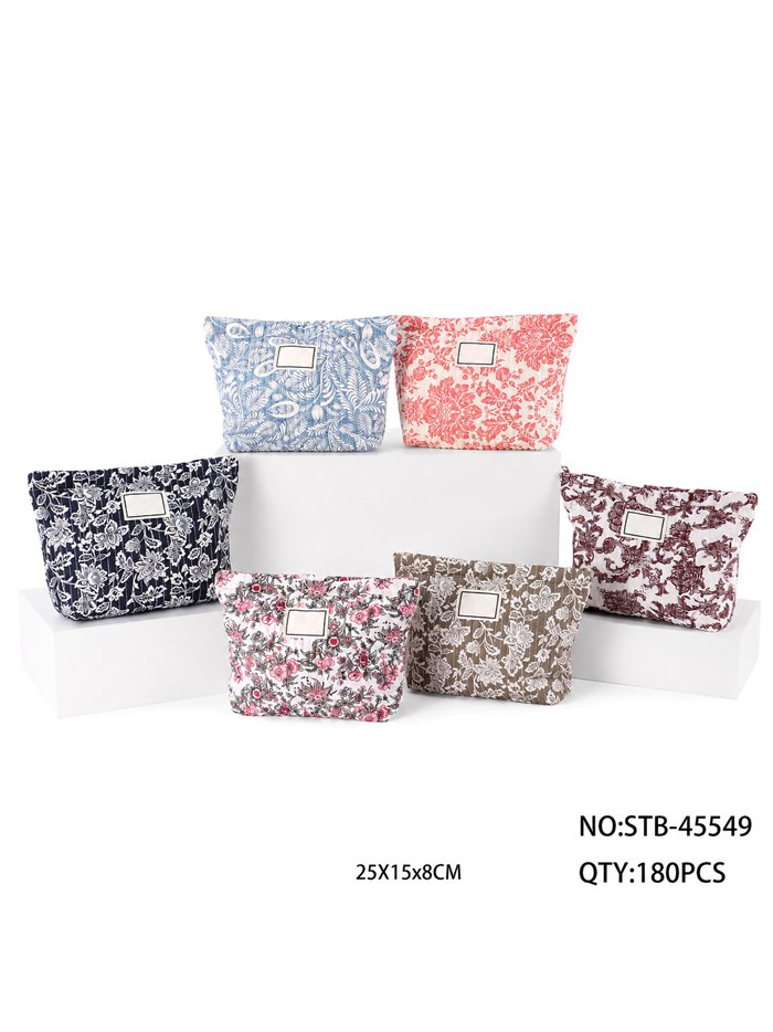 Quilted floral cosmetic pouch