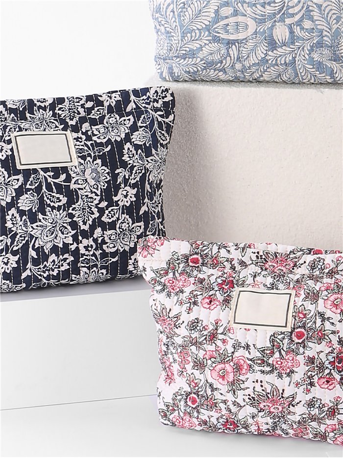 Quilted floral cosmetic pouch