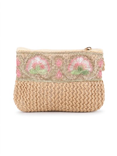 Embroidered raffia coin purse with wrist strap