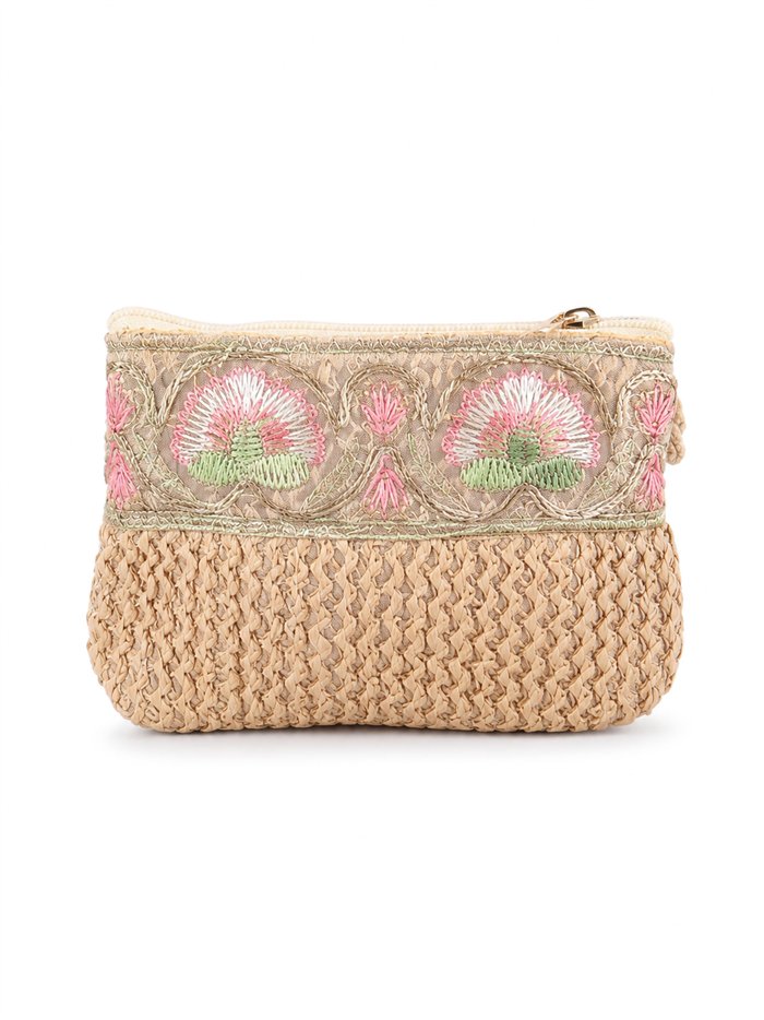 Embroidered raffia coin purse with wrist strap