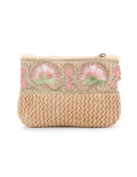 Embroidered raffia coin purse with wrist strap