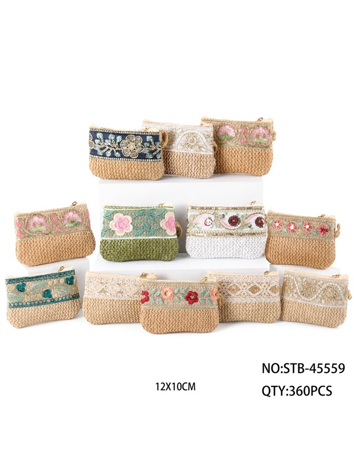 Embroidered raffia coin purse with wrist strap
