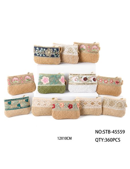 Embroidered raffia coin purse with wrist strap
