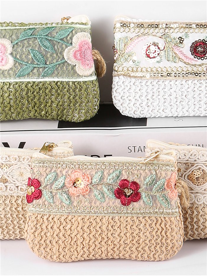 Embroidered raffia coin purse with wrist strap