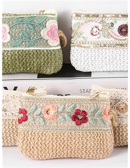 Embroidered raffia coin purse with wrist strap