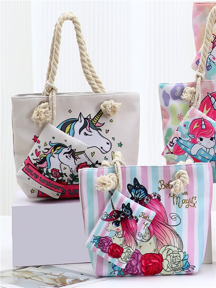 Kids unicorn beach tote with rope handles
