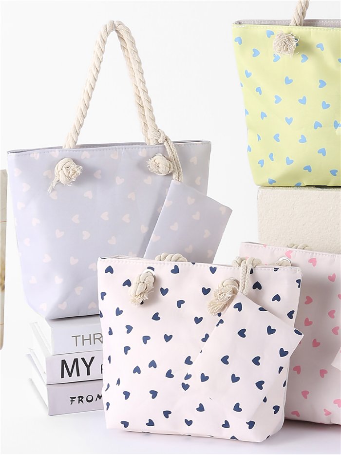 Heart print mini beach tote with matching pouch