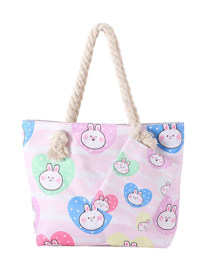 Bunny print kids beach tote with matching pouch
