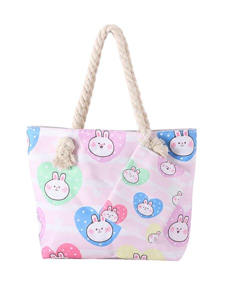 Bunny print kids beach tote with matching pouch