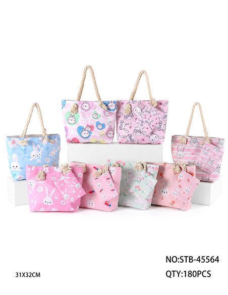Bunny print kids beach tote with matching pouch