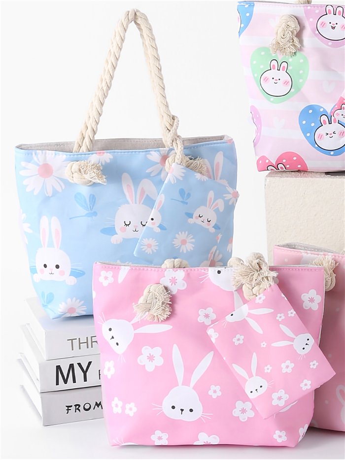 Bunny print kids beach tote with matching pouch