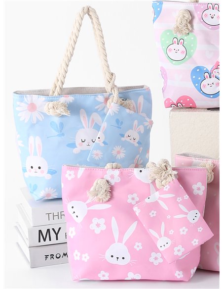 Bunny print kids beach tote with matching pouch