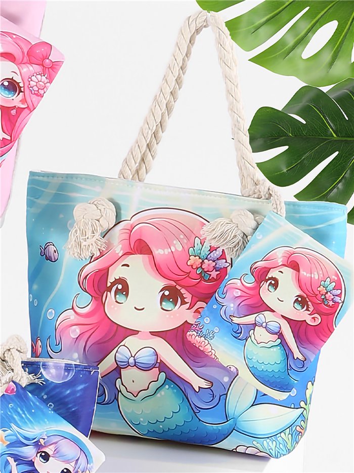 Mermaid kids beach tote with matching pouch