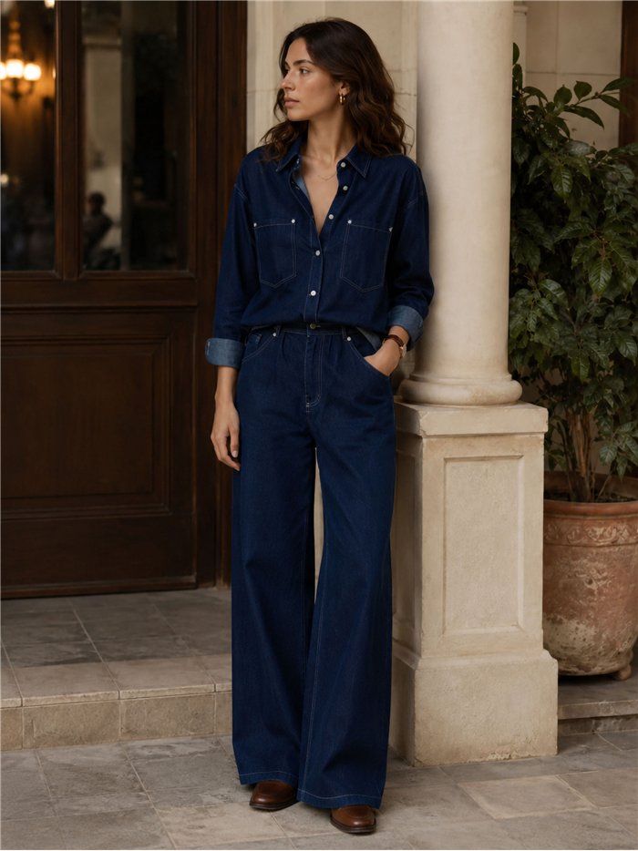 Conjunto camisa vaquera y pantalón wide leg