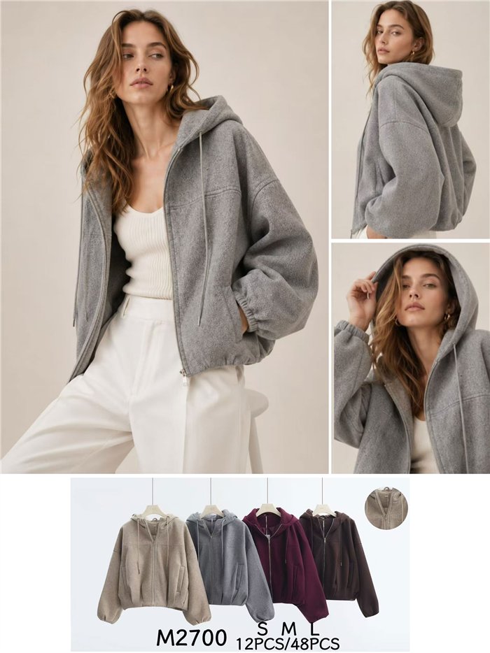 Chaqueta paño con capucha y cremallera