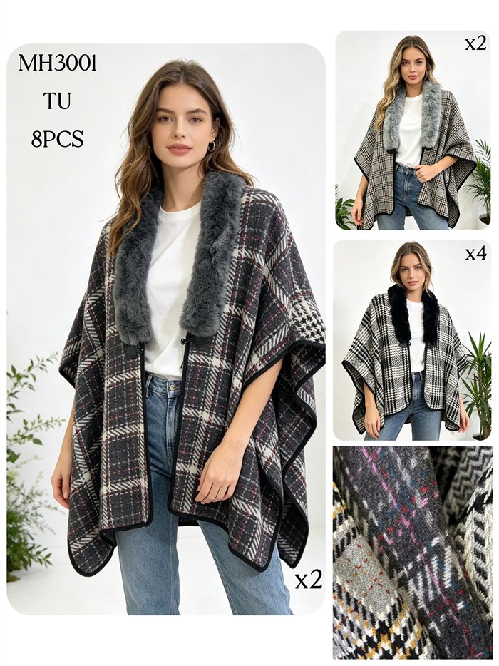 Karierter Poncho mit Pelzkragen