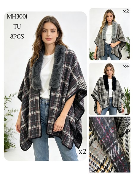 Karierter Poncho mit Pelzkragen
