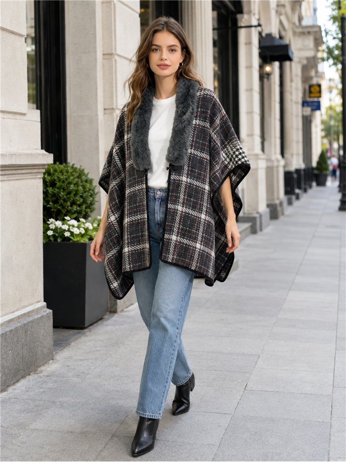 Karierter Poncho mit Pelzkragen