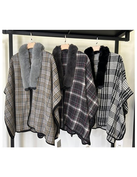 Karierter Poncho mit Pelzkragen