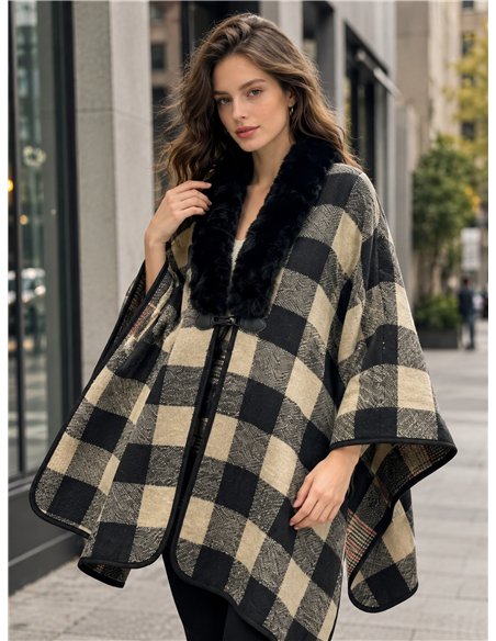 Poncho cuadros maxi con cuello de pelo