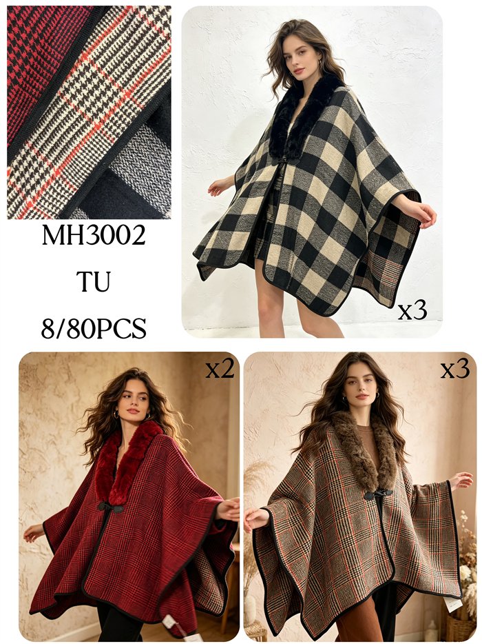 Poncho cuadros maxi con cuello de pelo