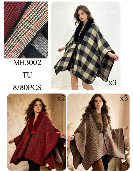 Poncho cuadros maxi con cuello de pelo