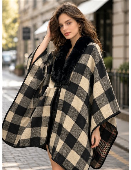 Poncho cuadros maxi con cuello de pelo