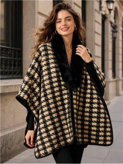 Poncho de cuadros bicolor con cuello de pelo