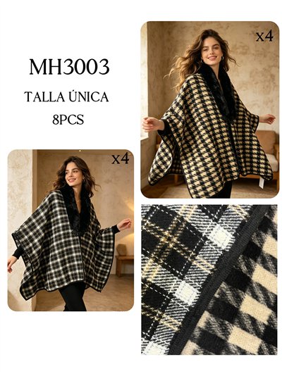 Poncho de cuadros bicolor con cuello de pelo 2