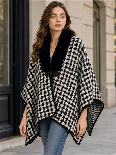 Poncho pata de gallo con cuello de pelo