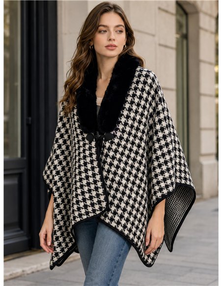 Poncho pata de gallo con cuello de pelo
