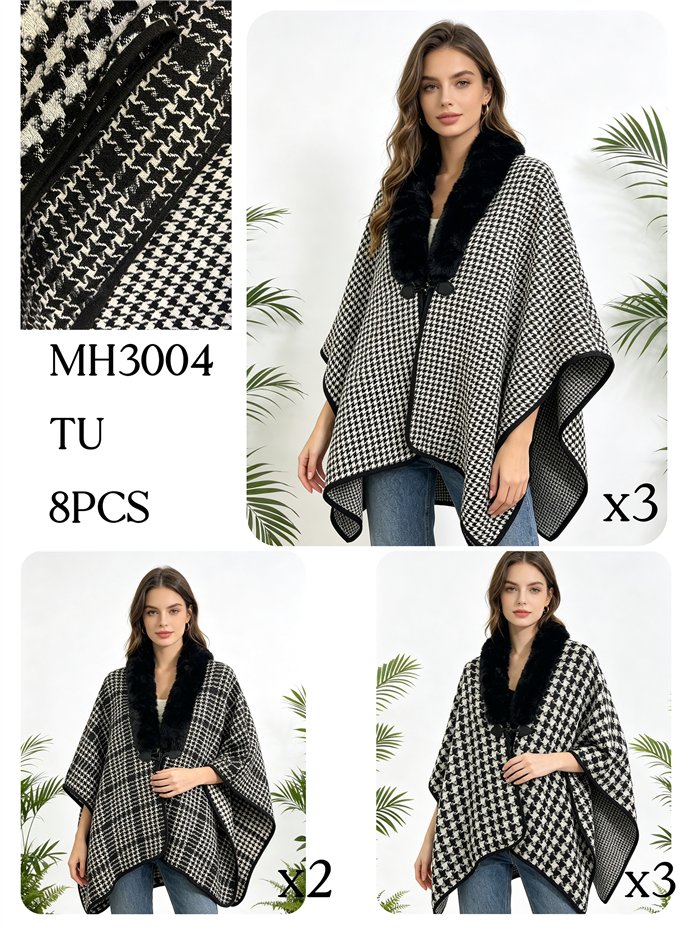 Poncho pata de gallo con cuello de pelo