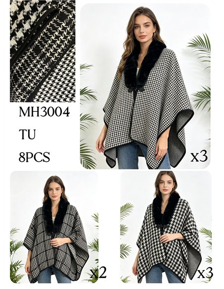 Poncho pata de gallo con cuello de pelo