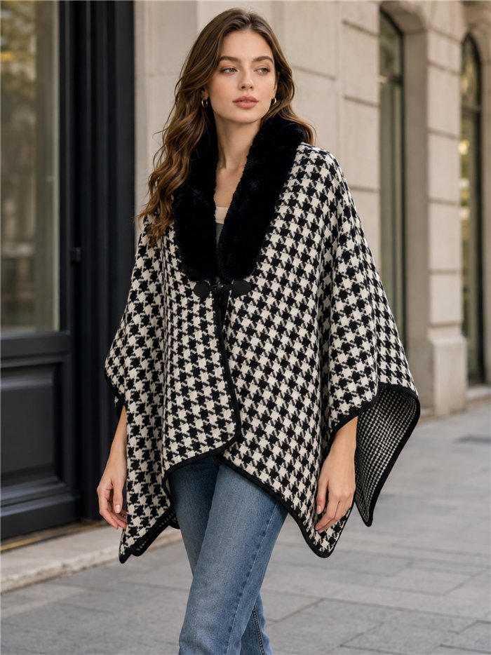 Poncho pata de gallo con cuello de pelo