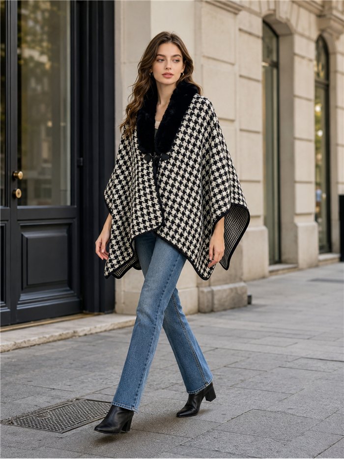 Poncho pata de gallo con cuello de pelo