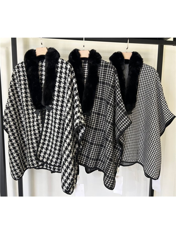 Poncho pata de gallo con cuello de pelo