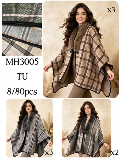 Poncho de cuadros con cuello de pelo 2