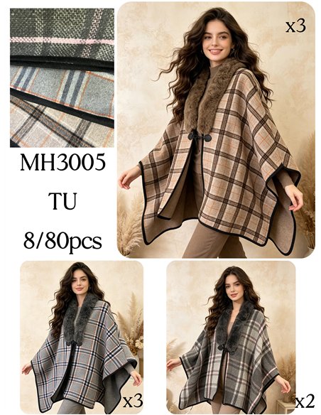 Poncho de cuadros con cuello de pelo