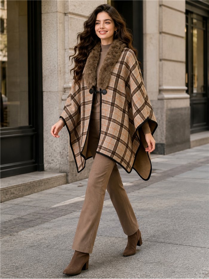 Poncho de cuadros con cuello de pelo