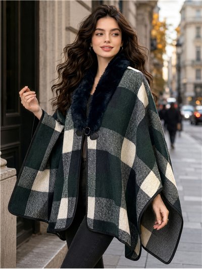 Poncho cuadros grandes con cuello de pelo