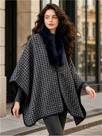 Poncho cuadros finos con cuello de pelo
