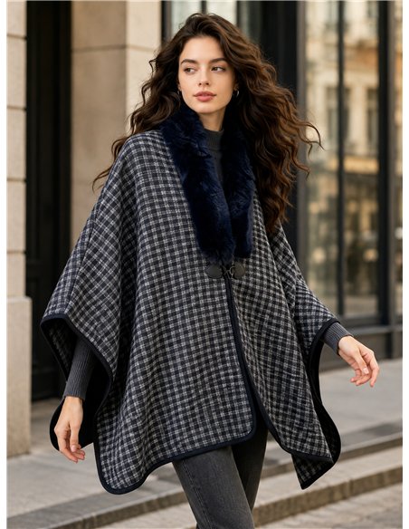 Poncho cuadros finos con cuello de pelo