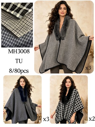 Poncho cuadros finos con cuello de pelo 2