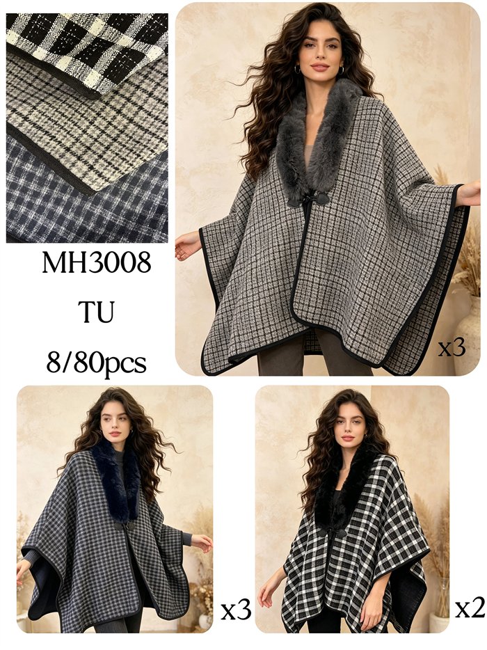 Poncho cuadros finos con cuello de pelo