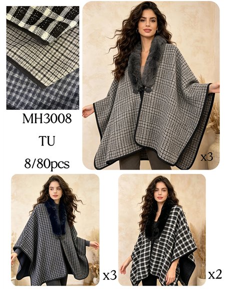 Poncho cuadros finos con cuello de pelo