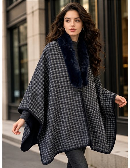 Poncho cuadros finos con cuello de pelo