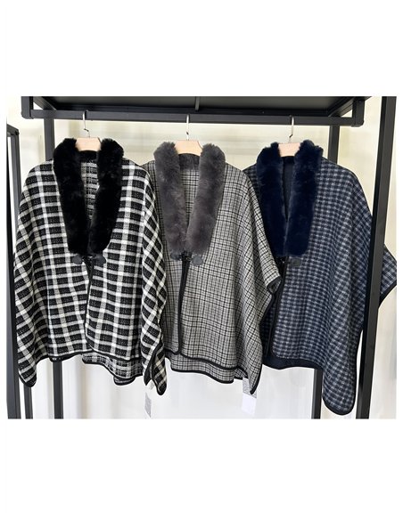 Poncho cuadros finos con cuello de pelo